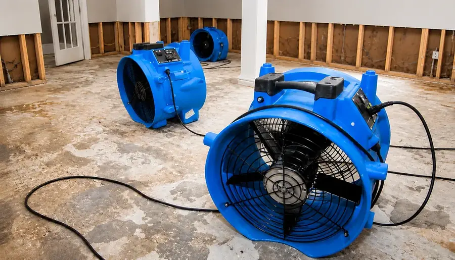 Air movers drying a water damaged floor in an Arlington, VA home